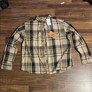 Casual Plaid Button-Down Shirt in Black, Cream, and Tan